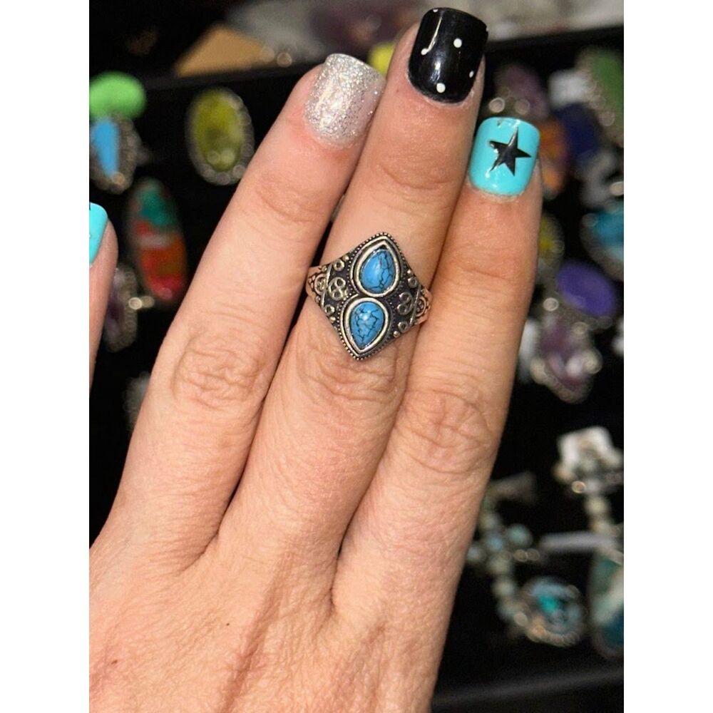 Turquoise 2 Stone Sterling Silver Overlay Ring Size 7